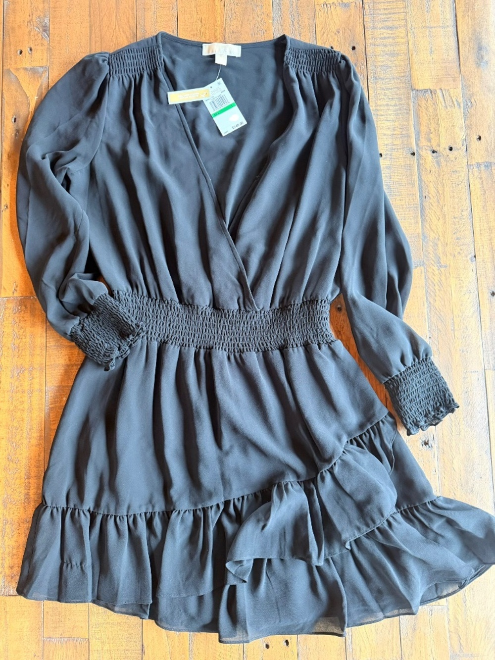 Michael Kors Black Wrap Ruffle Dress NWT Size L Long Sleeve